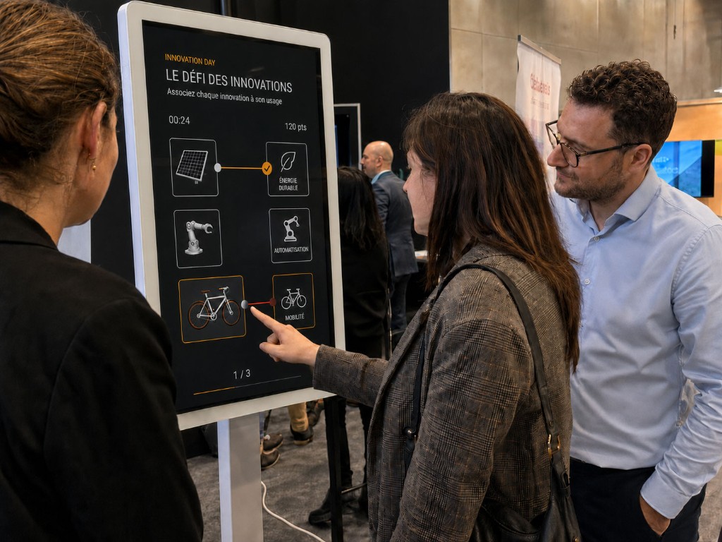 Participants autour d'une borne interactive de gamification